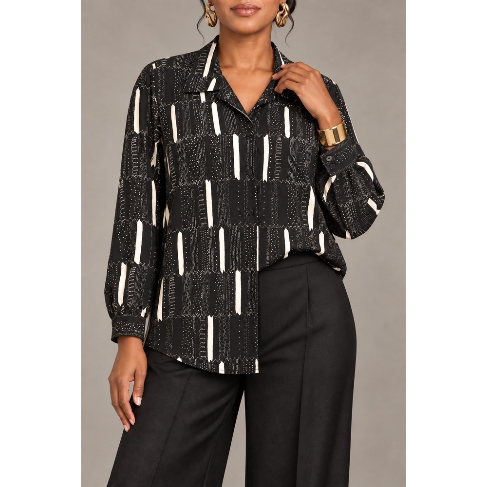 L 242 Vintage Alison Daley Black Ivory Abstract Print Button Front Tunic Blouse